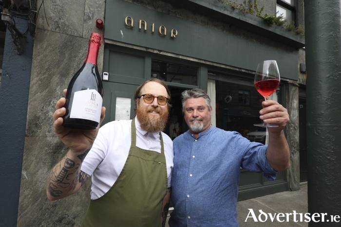 JP McMahon, Chef Patron of Aniar with David Llewellyn of Lusca Vineyard at Aniar on Monday for a reception to celebrate 15 years of the award winning restaurant on Dominick Street. The event coincided with the launch of a Sparkling Red Wine, a collaboration between JP McMahon, Chef Patron of Aniar and Lusca Vineyard in North County Dublin. Photo: Mike Shaughnessy