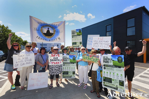 Protesters from the Shantalla Community protesting at ATU's Dublin Road campus where Galway City Council held its July meeting. Photo: Mike Shaughnessy