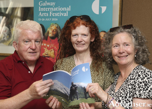 Stephen Curran, Caithriona Grehan and Maary Hernon, The Claddagh at the opening of the Galway International Arts Festival in the Galmont Hotel on Monday evening. Photo: Mike Shaughnessy