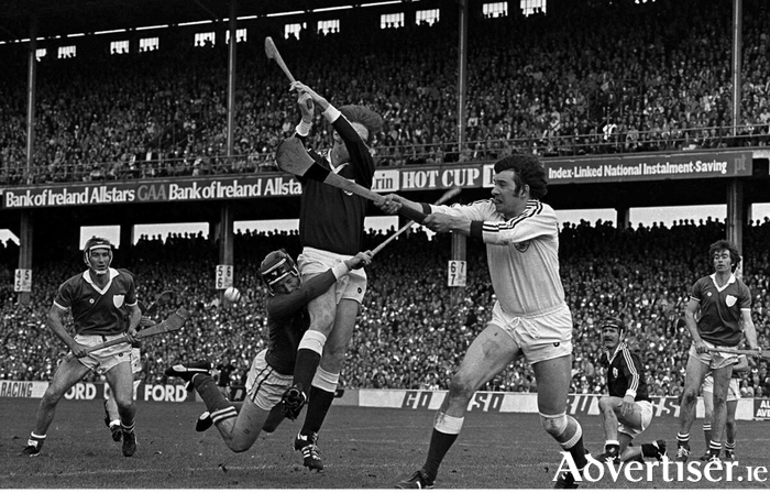 September 7, 1980: Galway goalkeeper Michael Connelly, along with full-back Niall McInerney, blocks the ball out to keep Eamonn Cregan and the Limerick attack out during the All-Ireland Hurling Final match between Galway and Limerick at Croke Park in Dublin. Photo by Ray McManus/Sportsfile