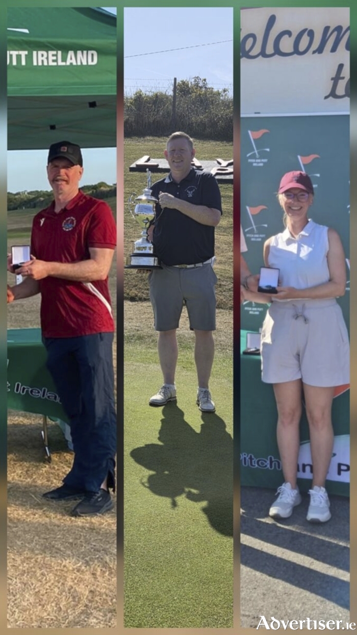 Mellows Pitch and Putt Club's winners James Fleming, James McLoughlin and Carly Wiebe at last weekend's Leinster Strokeplay Finals.