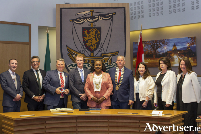 Leonard Cleary, Chief Executive Galway City Council; John Concannon Ireland ambassador to Canada; Ambassador Dennis King, Canadian ambassador to Ireland; Marc Miller MP, Canada's Minister for Identity and Culture; Mayor of the City of Galway, Cllr Helen Ogbu; Cathaoirleach Andrew Reddington of Galway County Council; Sharon O&rsquo;Grady, Galway County Arts Officer; Patricia Philbin, Director of Service, Galway City Council; Ruth Mulhern, Galway City Arts Officer.