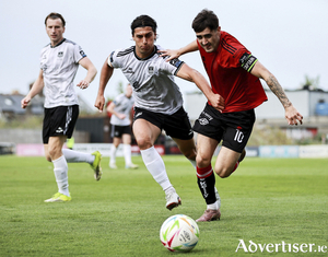 2 August 2026; Gianfranco Facchineri of Galway United in action against Dawson Devoy of Bohemians during the SSE Airtricity Premier Division match between Bohemians and Galway United at Dalymount Park in Dublin. Photo by Thomas Flinkow/Sportsfile