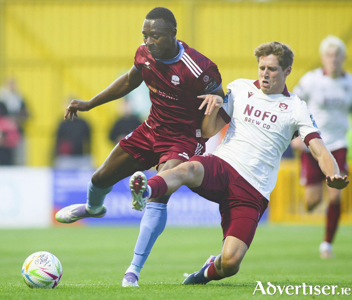 Francely Lomboto and Keegan Ancelin tussle in the 0-0 draw between Galway United and Drogheda last week. (Photo: Mike Shaughnessy)