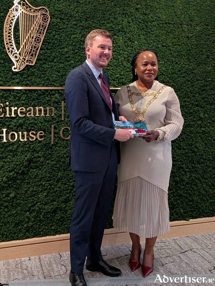 Acting Consul General P&aacute;draig Manning being presented with a gift by the  Mayor of the City of Galway, Cllr Helen Ogbu at the Mayoral Reception at Ireland House.