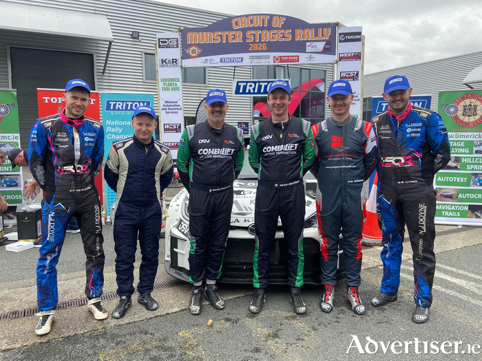 Circuit of Munster Rally podium, from left co-drivers Stephen Reynolds (Roscommon) Ayrton Sherlock (Craughwell), Keith Moriarty (Limerick) and drivers Josh Moffett (Monaghan), Keelan Grogan (Leitrim) and Shane Quinn (Longford). All three crews are entered in the Bluebird Care Galway Summer Rally. (Photo: Dermot Kelleher)
