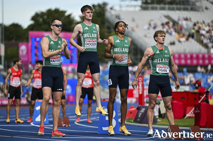 Team Ireland athletes, from left, Jack Raftery, Joe Doody, Sean Doggett and Andrew Egan before round 1 of the men's 4x400m relay during day five of the European Athletics Championships 2026 at Alexander Stadium in Birmingham. (Photo by Sam Barnes/Sportsfile)