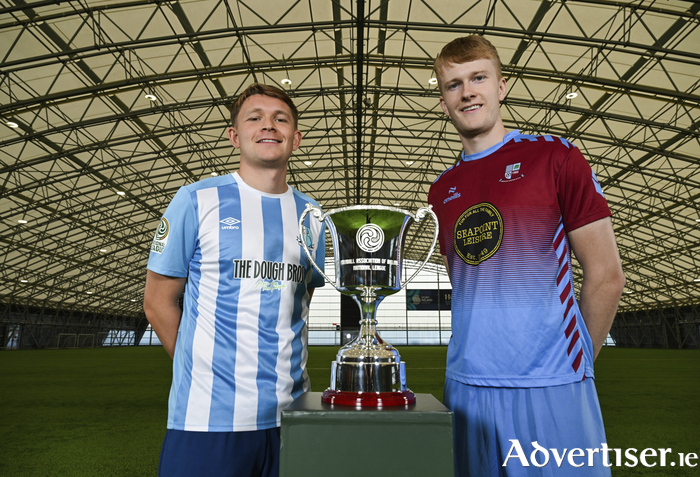 Salthill Devon's Callum Crowe and Liam Murray of Mervue United during the 2026 FAI National League Season launch at the National Indoor Arena on the Sport Ireland Campus. (Photo by Stephen McCarthy/Sportsfile)