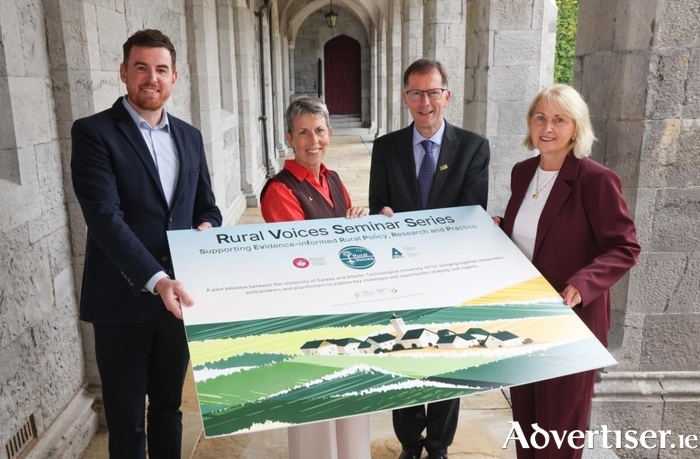 Dr Shane Conway, Research Coordinator at Atlantic Technological University, Dr Orla Flynn, President of Atlantic Technological University, Professor David Burns, President of University of Galway, and Professor Maura Farrell of the School of Geography, Archaeology and Irish Studies at University of Galway. Credit - Aengus McMahon.