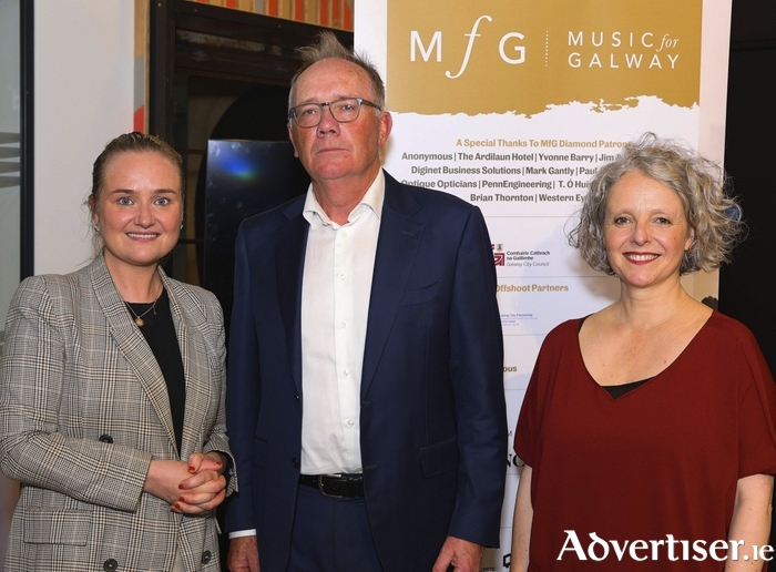 Sally Ann O'Brien, Head of Tourism at Galway City Council with Mark Gantly, Chair of Music for Galway, and Anna Lardi CEO of Music for Galway, at the launch of Music for Galway&rsquo;s 45th International Concert Season 2026/27 at the Portershed a D&oacute; on Tuesday evening. Photo: Mike Shaughnessy
