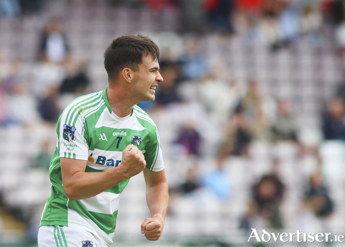 Oughterard&rsquo;s Adam Tierney celebrates scoring a goal against St James&rsquo; in the Bons Secours Senior Football Championship. 
(Photo: Mike Shaughnessy)