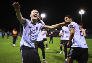 Lee Devitt celebrates after his side's victory in the Club Orange Men's FAI Cup quarter-final against Drogheda United. (Photo by Thomas Flinkow/Sportsfile)