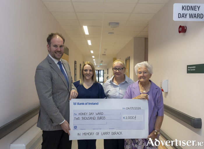 The family of the late Larry Durack has donated &euro;2,000 to the Kidney Day Ward at Portiuncula University Hospital, which was chosen as the beneficiary of donations made in Larry&rsquo;s memory. Pictured at the cheque presentation, from left, Professor Paul O&rsquo;Hara, Consultant Nephrologist; Alexandra Rose, Renal Clinical Nurse Specialist; Lorna Durack and Bridget Durack.