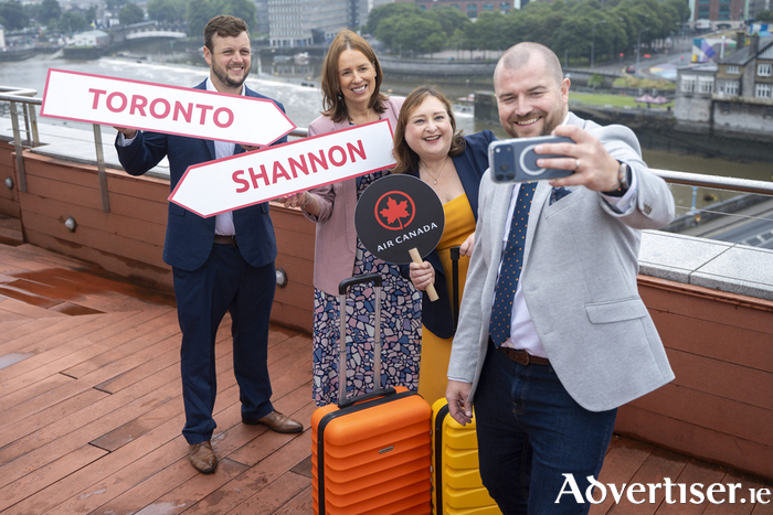 Pictured from left: Dan Irvine, Aviation Development Manager, Shannon Airport; Isabel Harrison, B2B Aviation Development Manager, Shannon Airport; Bl&aacute;ith&iacute;n O&rsquo;Donnell, Air Canada, Ireland; and Niall Kearns, Airport Director, Shannon Airport at the launch of the new Shannon-Toronto service.
Pic: Don Moloney
