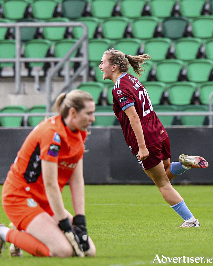 Emma Doherty wheels away in celebration after putting her side 1-0 up against Shamrock Rovers last weekend. (Photo: Stephen Naughton)