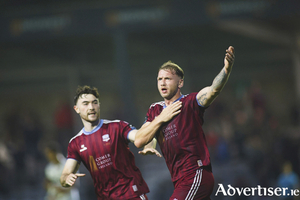 Stephen Walsh salutes the home fans after scoring a worldie against Bohs at Eamonn Deacy Park. (Photo: Mike Shaughnessy)