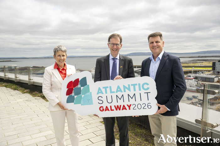 Dr Orla Flynn, President of Atlantic Technological University, Professor David Burn, President of University of Galway and Dr Rick Officer, CEO of the Marine Institute launching the Atlantic Summit Galway 2026 programme.&rsquo;Photo:Andrew Downes, xposure