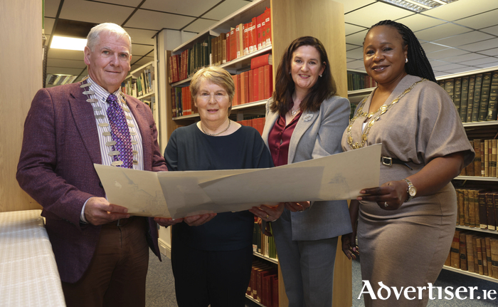 Leas-Chathaoirleach of Galway County, Councillor Michael Regan, Mary O' Dowd, wife of the late Peadar O' Dowd, Liz Keane, County and City Librarian, and Mayor of the City of Galway, Councillor Helen Ogbu.  
 Photograph by Aengus McMahon