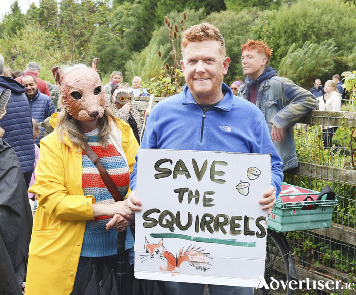 Cllr Eibhl&iacute;n Seoighthe and Cllr Alan Cheevers at the public meeting and protest at Merlin Woods on Saturday. 
Photo: Mike Shaughnessy