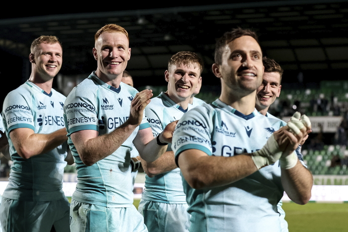 Connacht players celebrate at the end of the United Rugby Championship match between Benetton and Connacht at Stadio Monigo in Treviso, Italy. (Photo by Tim Rogers/Sportsfile)

