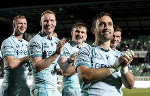 Connacht players celebrate at the end of the United Rugby Championship match between Benetton and Connacht at Stadio Monigo in Treviso, Italy. (Photo by Tim Rogers/Sportsfile)

