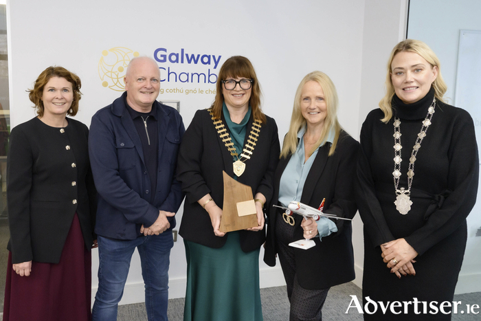 Pictuied at the launch of the Galway Chamber Business Awards are Maire McCarthy, CEO, Galway Advertiser; Declan Varley, editor, Galway Advertiser; Gemma Costello, Chamber president; Nandi O'Sullivan, Head of Communications, Shannon Airport; and deputy mayor Cllr Josie Forde. 
Picture: Declan Colohan