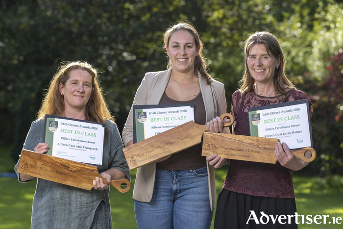 Sin&eacute;ad Egan (left), Corine Huizinga (centre) and Marion Roeleveld (right) of
Killeen Farmhouse Cheese pictured at the &Aacute;IS 2026 Irish Cheese Awards, which took place at Cloughjordan House, Co. Tipperary