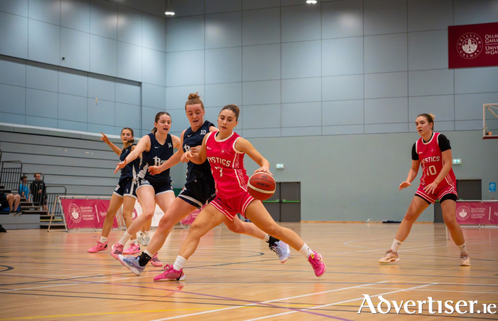 University of Galway Mystics player Demetra Yennari in action against Cleveland Rockets, with Eve Minier looking on. 
(Photo: John O&rsquo;Brien)
