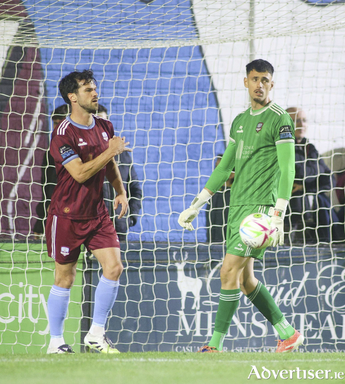 Galway United captain Jimmy Keoghan and goalkeeper Hugo Pires da Cunha during the Premier Division game at Eamonn Deacy Park. (Photo: Mike Shaughnessy)