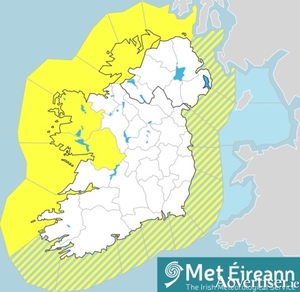 The Status Yellow weather warning will come into effect at 6am on Wednesday.