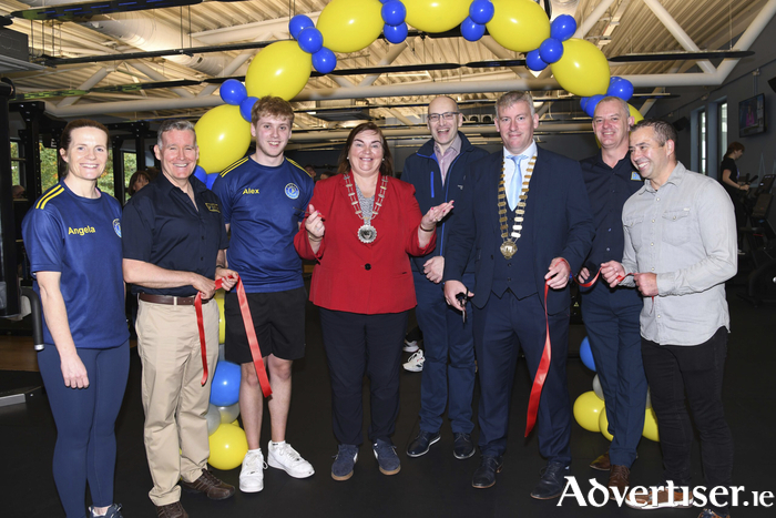 Cathaoirleach of the Tuam Municipal District Cllr Mary Hoade, Michael Owens, Director of Services, Galway County Council and Cathaoirleach of County Galway Cllr Andrew Reddington cutting the tape to officially relaunch the newly refurbished gym at Coral Leisure, Tuam along with staff member Angela Connolly, Brian Hogan, Marketing Manager, Coral leisure group, Alex Corbett, staff, Gerry Brennan, Coral Leisure and gym Manager Finton Glynn.