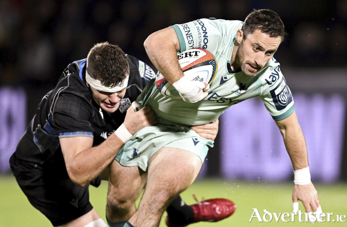 Caolin Blade and Scott Cummings of Glasgow Warriors battle during the URC match at Scotstoun Stadium. (Photo by Rob Casey/Sportsfile)