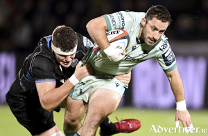 Caolin Blade and Scott Cummings of Glasgow Warriors battle during the URC match at Scotstoun Stadium. (Photo by Rob Casey/Sportsfile)