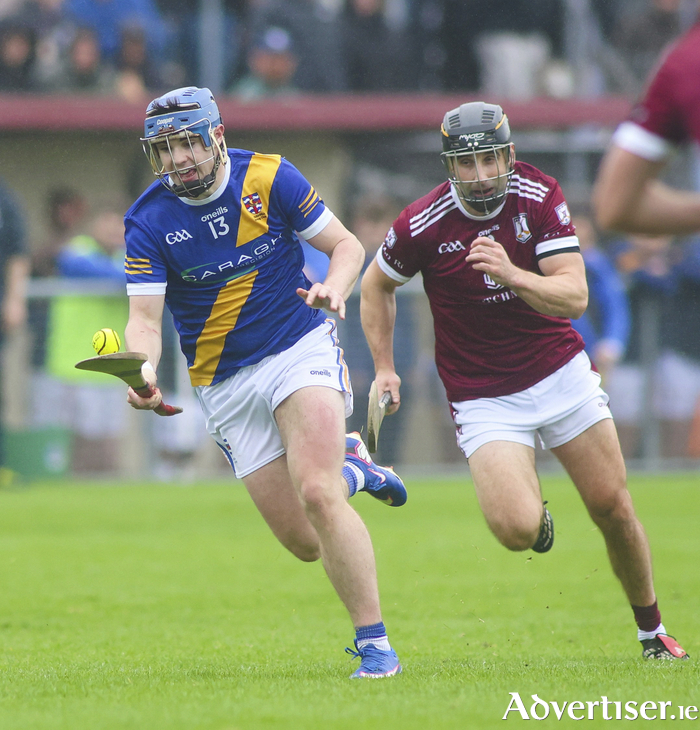 Loughrea&rsquo;s Vince Morgan and Athenry&rsquo;s Conor Burke in action from the Forvis Mazars Galway Senior Hurling Club Championship knockout game in Kenny Park. 
(Photo: Mike Shaughnessy)