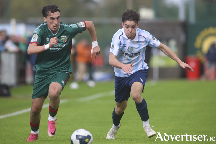 Mayo FC&rsquo;s Guga Kokaia and Salthill Devon&rsquo;s Ben McDonnell in action from the previous National League game in September. 
(Photo: Mike Shaughnessy)