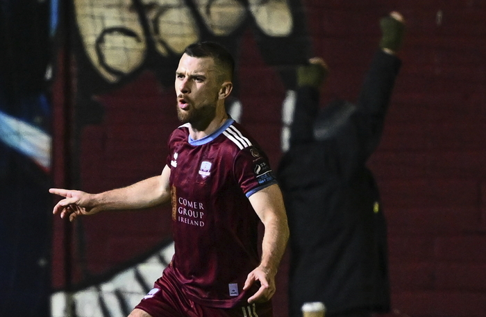 Aaron Bolger of Galway United celebrates after scoring his side's second goal during the SSE Airtricity Men's Premier Division match between Galway United and Shamrock Rovers at Eamonn Deacy Park in Galway. Photo by David Fitzgerald/Sportsfile
