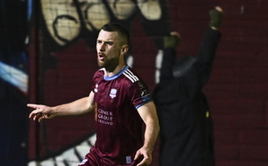 Aaron Bolger of Galway United celebrates after scoring his side's second goal during the SSE Airtricity Men's Premier Division match between Galway United and Shamrock Rovers at Eamonn Deacy Park in Galway. Photo by David Fitzgerald/Sportsfile