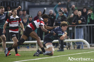 Cian Prendergast scores against Saracens in the Champions Cup game at the Dexcom Stadium. (Photo: Mike Shaughnessy)