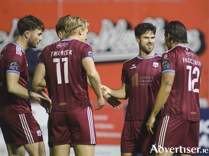 Jimmy Keohane is congratulated by teammates after scoring the opening goal against Shamrock Rovers. (Photo: Mike Shaughnessy)