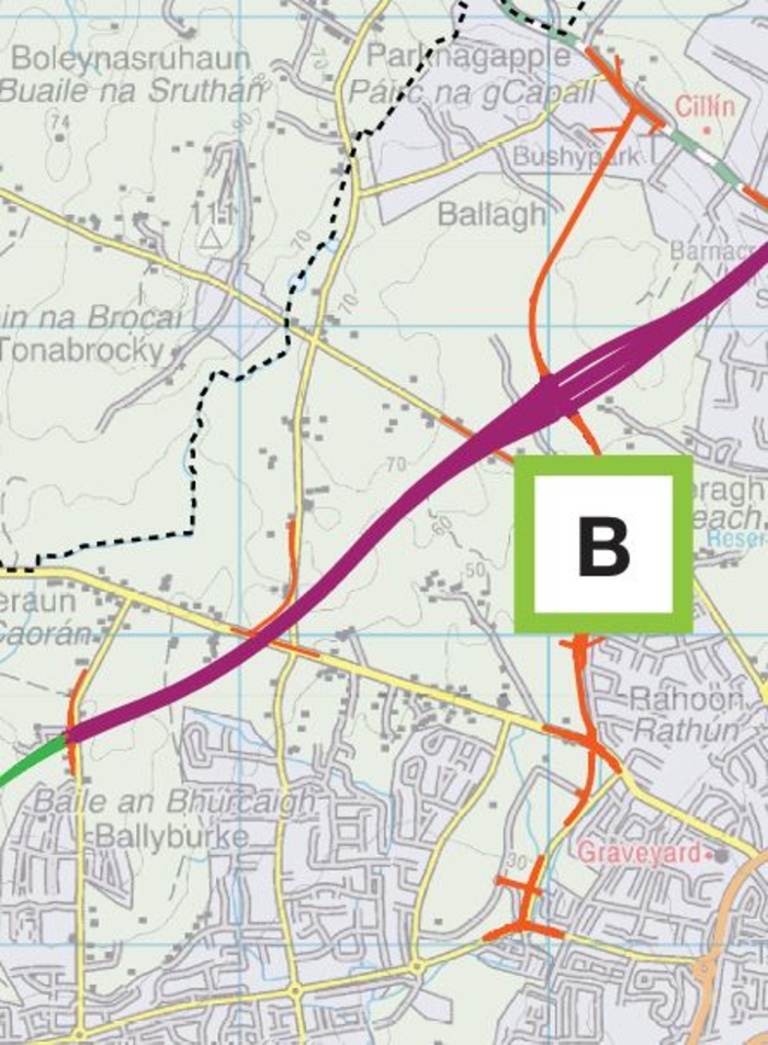 A new link road (in red) will cross the ring road motorway section (in purple) Image: N6GalwayRingRoad.ie