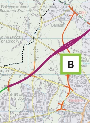 A new link road (in red) will cross the ring road motorway section (in purple) Image: N6GalwayRingRoad.ie