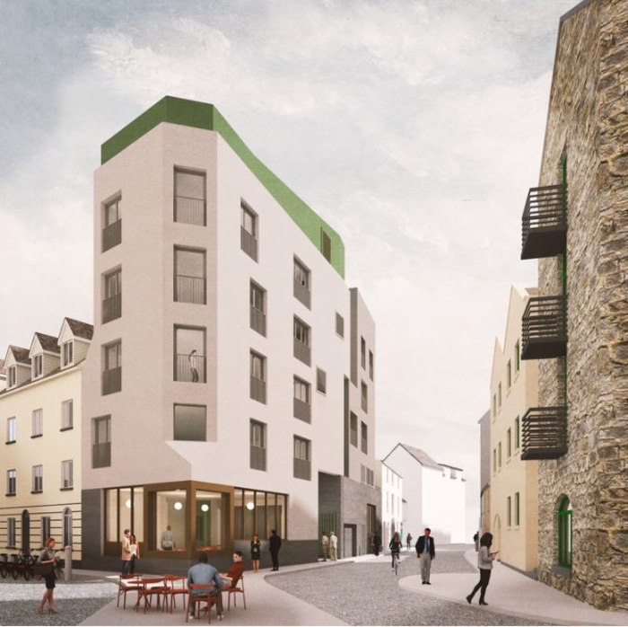 Architect's impression of mixed-use cultural hub and apartment building, viewed from junction of Merchants Road and New Dock Street.
Image: Hall McKnight