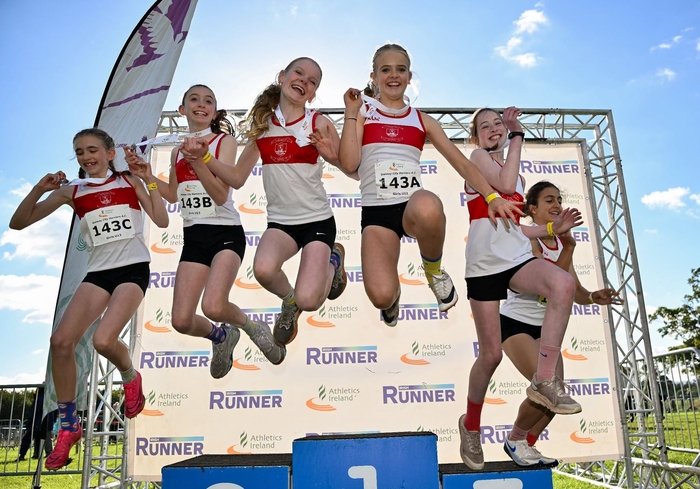 Galway City Harriers AC. (L-R): Matilda McGlynn, Katie McGlynn, Thea Lynch, Elliana Magnetti, Ailbhe Graham and Maneli Fazeli after winning the U13 Girls 4x500m Cross Country Relays. (Photo Sam Barnes Sportsfile)