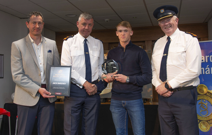 At the Galway Garda Division’s 5th Annual Youth Awards were: Individual Winner Jack Sweeney with Superintendent Paudie O’Shea, Galway City Community Engagement; George Osborne, Regional Manager, Supervalu (sponsors ), and Chief Superintendent Gerry Roche.