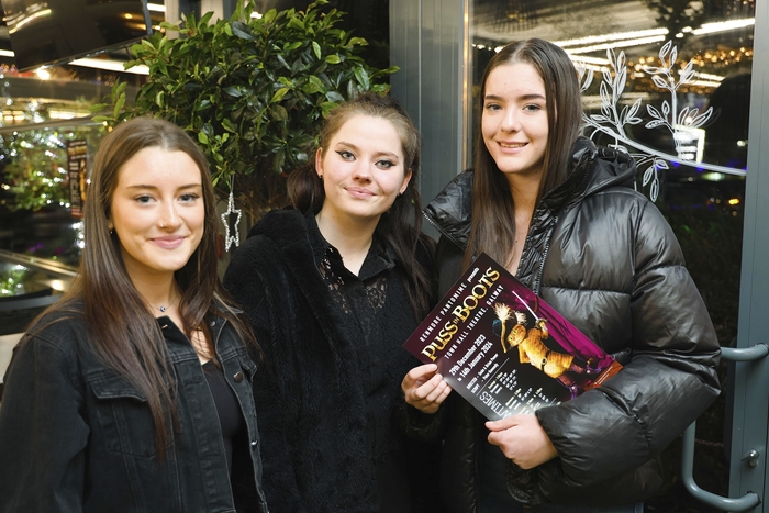 Chorus members Holly Clerkin, Katie Davitt and Sadhbh Glancy at launch of the Renmore Pantomime&rsquo;s production of Puss in Boots in the Connacht Hotel on Thursday night. (Photo - Mike Shaughnessy )&nbsp;