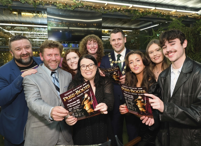 Mayor of Galway Cllr Eddie Hoare joined the principals of Renmore Panto, Darren Shine, Elizabeth Flaherty, Luke Dennigan, Aisling Carroll, David Booth, Hannah McCreanor, Fiona Keville and Michael Healy  of at launch of the Renmore Pantomime&rsquo;s production of Puss in Boots in the Connacht hotel on Thursday night. The annual panto will run in the Town Hall Theatre from December 29th until January 14th. Photo: Mike Shaughnessy